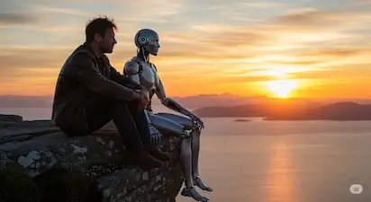 Hombre mirando un atardecer junto a un androide